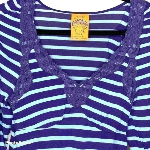 Free People Blue Striped Top With Lace - Picture 2 of 7